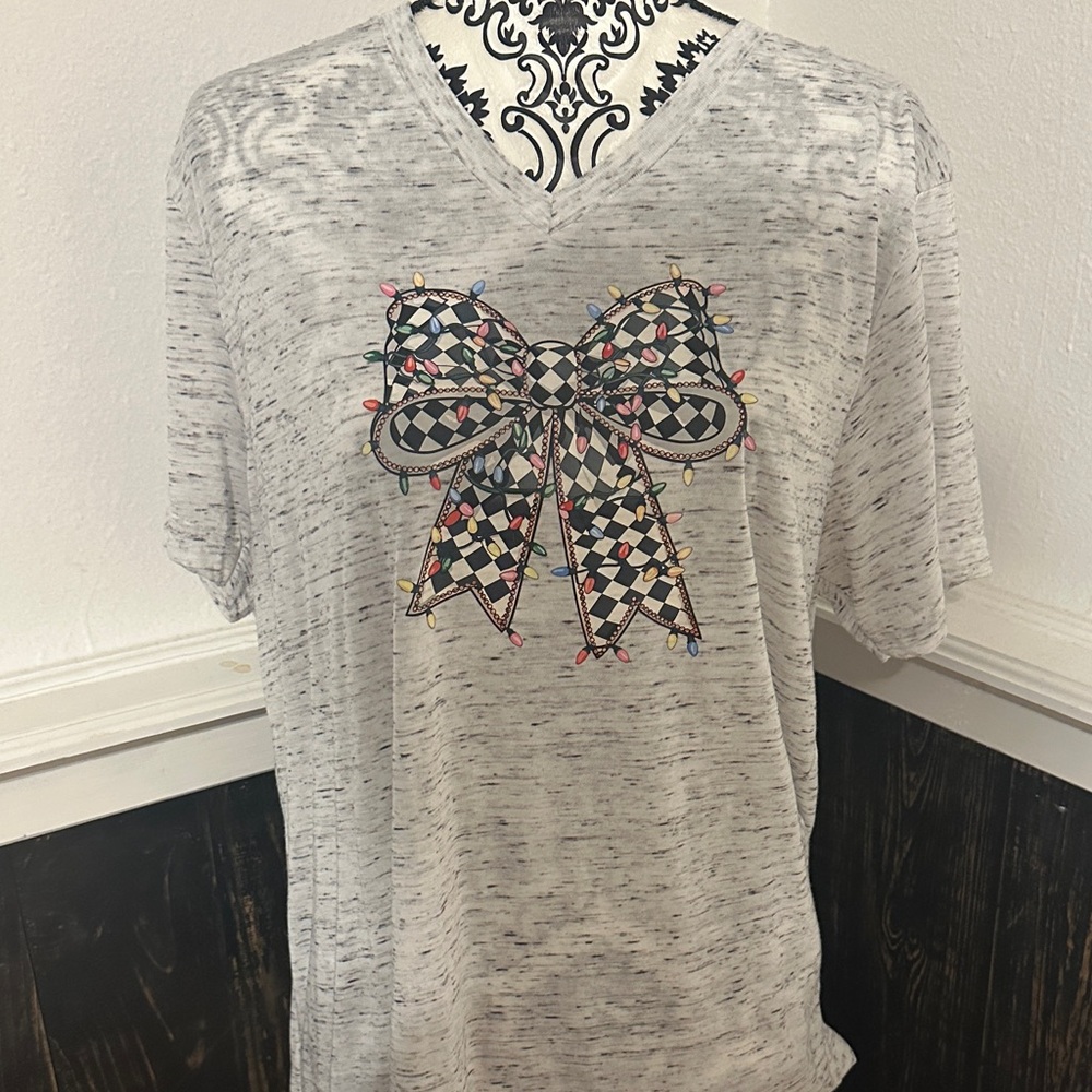 Bella Canvas Gray Short Sleeve Tee with Checkered Bow